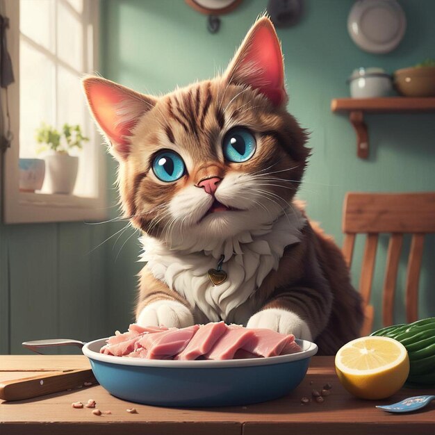 Un gato con ojos azules se sienta en una mesa con comida y verduras