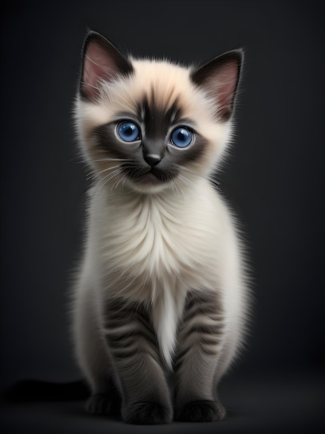 Un gato con ojos azules se sienta en una mesa.