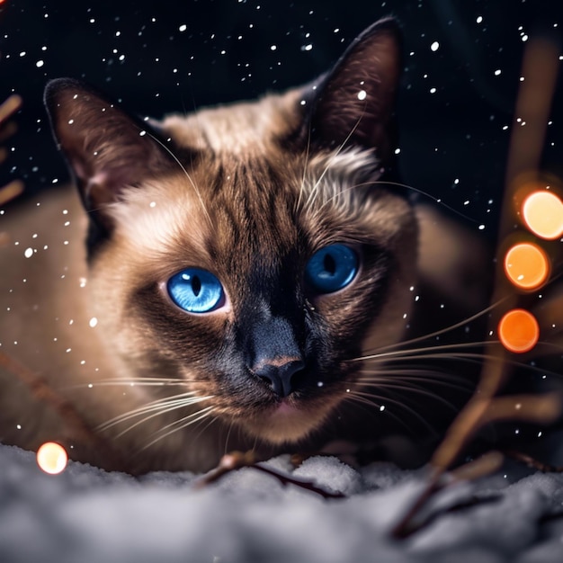 Un gato con ojos azules se sienta en la nieve con nieve en el fondo.