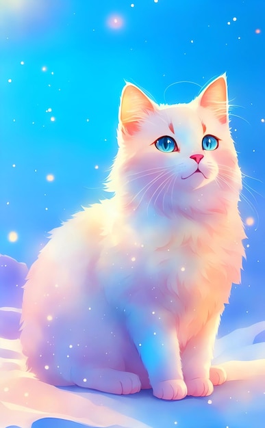 Un gato con ojos azules se sienta en la nieve.