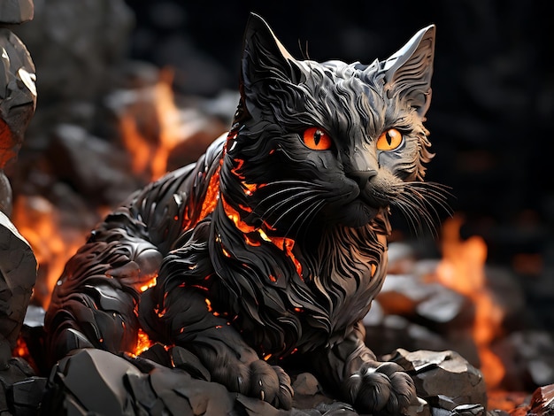 un gato con ojos brillantes se sienta en un fuego