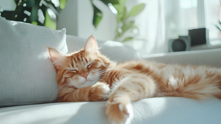 un gato con los ojos cerrados y durmiendo en un sofá