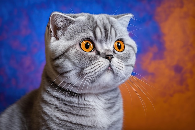 Un gato con ojos naranjas se sienta frente a un fondo azul y naranja.