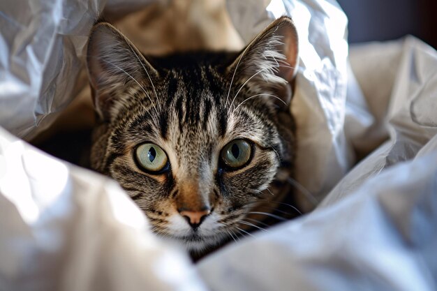 Un gato con ojos verdes asomando desde una sábana blanca IA generativa