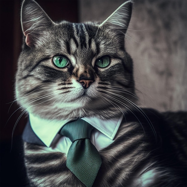 Un gato con ojos verdes y una corbata que dice "me encantan los gatos".