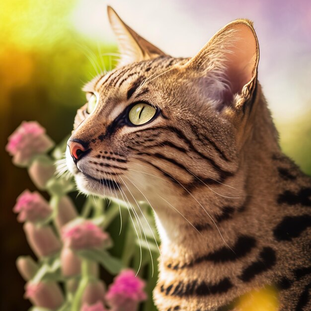 Un gato de ojos verdes está en un campo de flores.