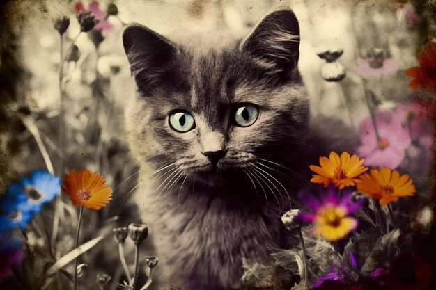 Un gato de ojos verdes está en un campo de flores.