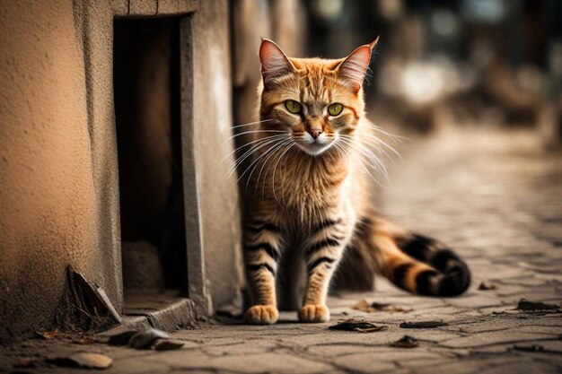 un gato con ojos verdes está sentado en una puerta