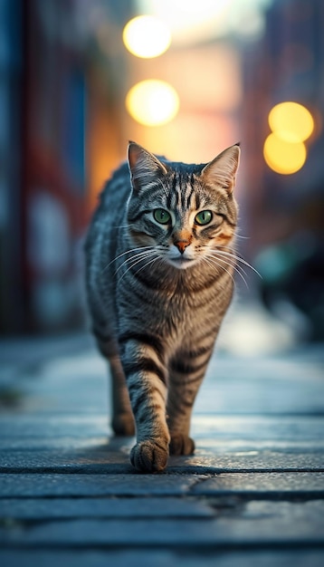 un gato con ojos verdes y un fondo borroso