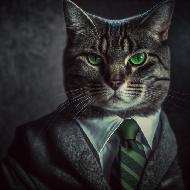 Un gato de ojos verdes lleva traje y corbata.