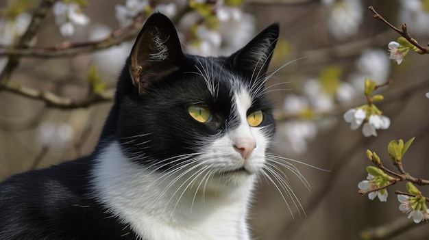 Un gato con ojos verdes mira a la cámara.