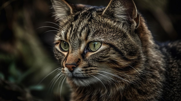 Un gato de ojos verdes mira a la cámara.