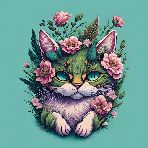 Un gato con ojos verdes y ojos verdes está sobre un fondo azul con flores.