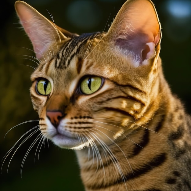 Un gato con ojos verdes y una raya negra en la cara.