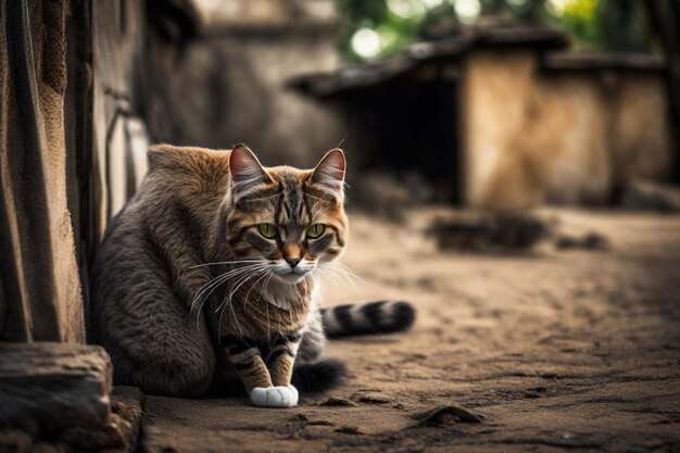 Foto un gato con ojos verdes está sentado en el suelo