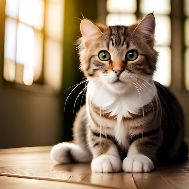 Un gato con ojos verdes se sienta en una mesa.