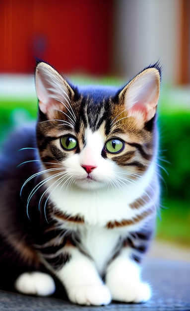 Un gato con ojos verdes se sienta en una mesa.