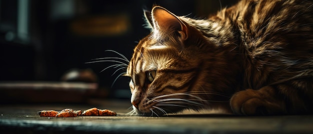 Gato olfateando comida Gatito sospechoso olfateando pescado en la mesa AI generada