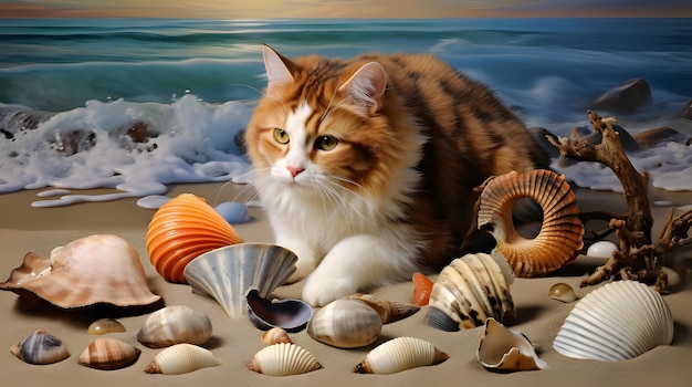 un gato olfateando conchas marinas recogidas en la playa