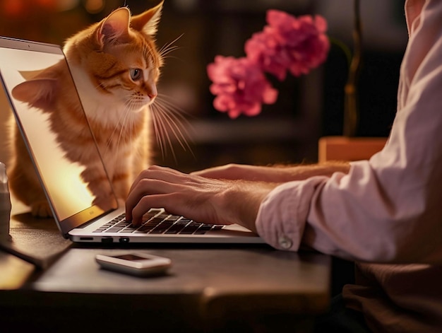 gato olha para as mãos mãos da jovem que na frente do laptop trabalha remotamente
