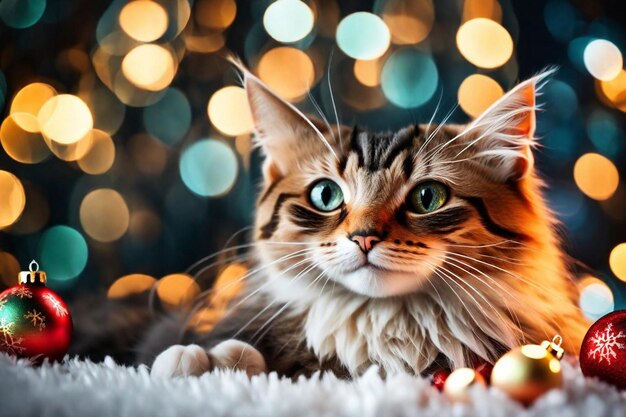 un gato con un ornamento de Navidad en su cabeza