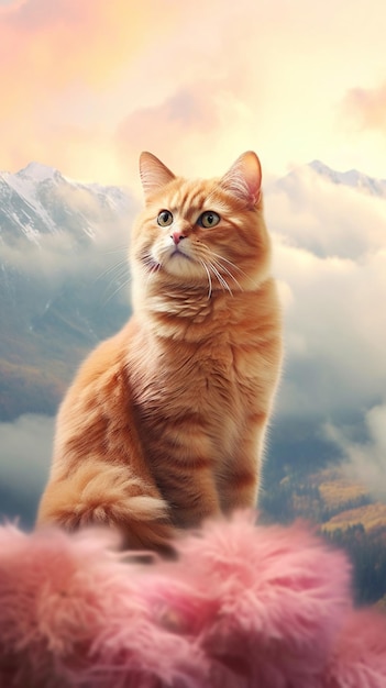 Un gato en un paisaje de montaña.