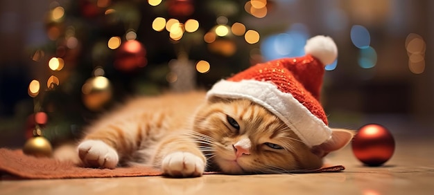 Gato Papai Noel perto da árvore de Natal