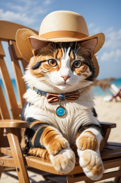 Un gato con un par de gafas redondas y un sombrero de paja sentado encima de una silla de playa hundida