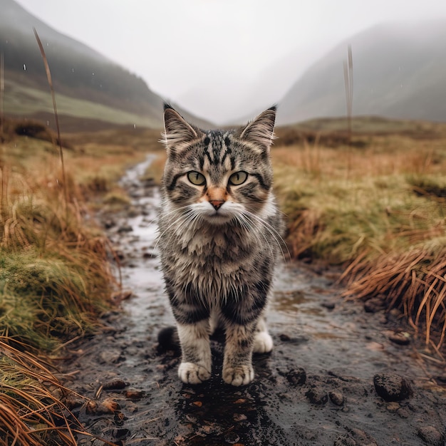 Un gato parado en un arroyo con la palabra "en él"