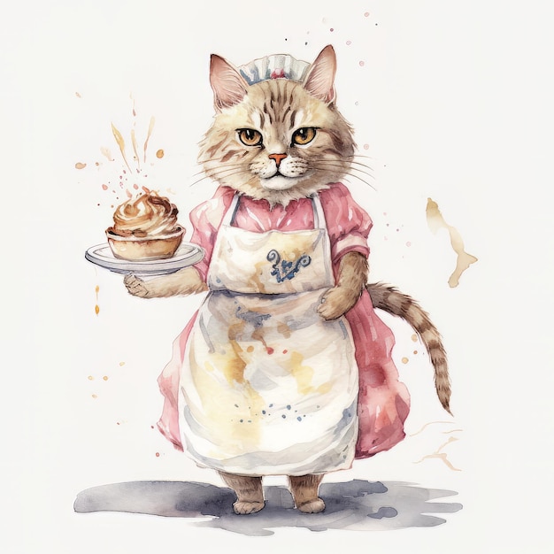 Un gato con un pastel en la cabeza sostiene un plato con un batidor.