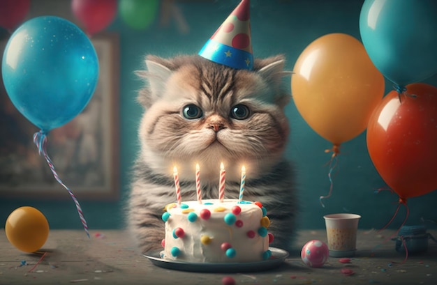 Un gato con un pastel de cumpleaños y globos.