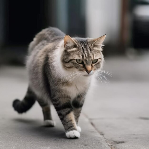 Un gato con una pata blanca en el suelo.