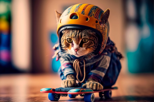 Gato patinador con casco en la cabeza IA generativa