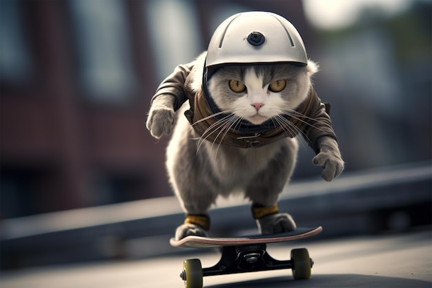 Gato de patinaje con un casco en la cabeza