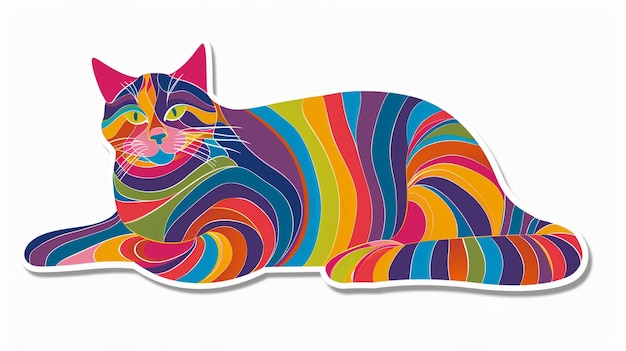 un gato con un patrón colorido en su cabeza está acostado en una superficie blanca