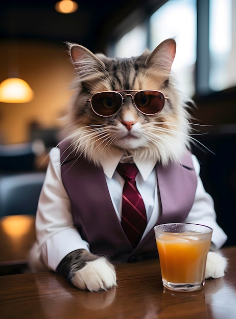 Un gato peculiar disfruta de una bebida refrescante en el bar