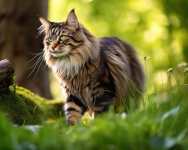 un gato con pelaje largo se encuentra en la hierba.