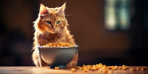 Gato pelirrojo comiendo comida para gatos de un tazón Espacio de copia de banner IA generativa