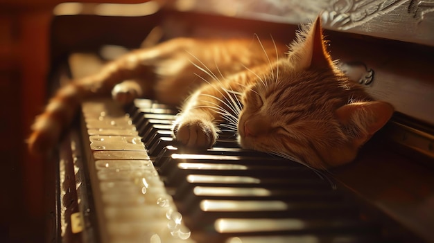 Foto un gato pelirrojo está durmiendo en las teclas de un piano el gato está acurrucado con la cabeza en las patas el piano es viejo y polvoriento