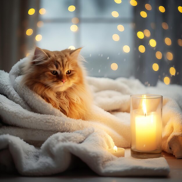 Gato pelirrojo esponjoso sobre una acogedora manta tejida en el interior de una casa decorada en invierno con luz cálida y foto de primer plano por la noche