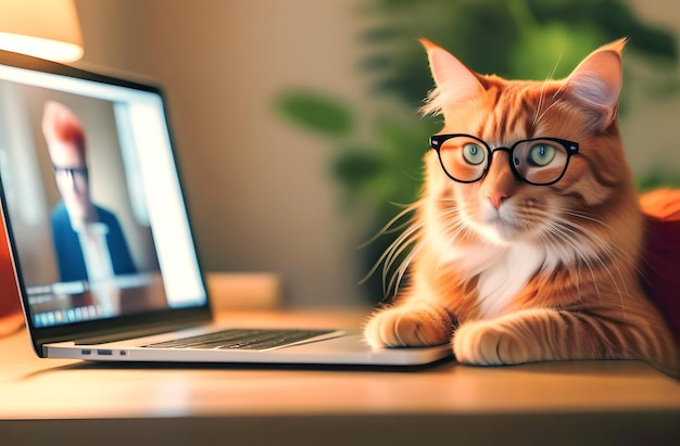 Un gato pelirrojo con gafas está trabajando en un escritorio en una computadora en el interior