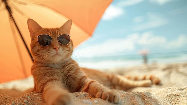 Un gato pelirrojo con gafas bajo un paraguas en la playa