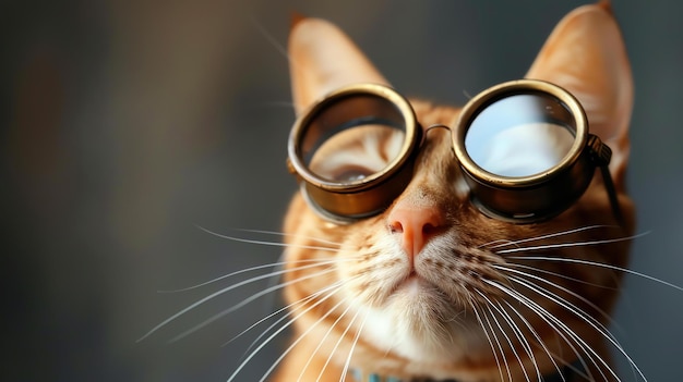 Foto un gato pelirrojo con gafas steampunk está mirando a algo el gato está en foco y el fondo está borroso