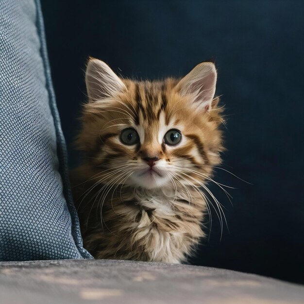 Foto gato pelirrojo mira desde detrás del sofá mascota