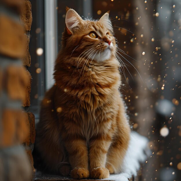 Gato pelirrojo mirando por una ventana en un día nevado. Acogedora escena invernal capturada en el interior de una mascota esponjosa disfrutando de los copos de nieve que caen AI