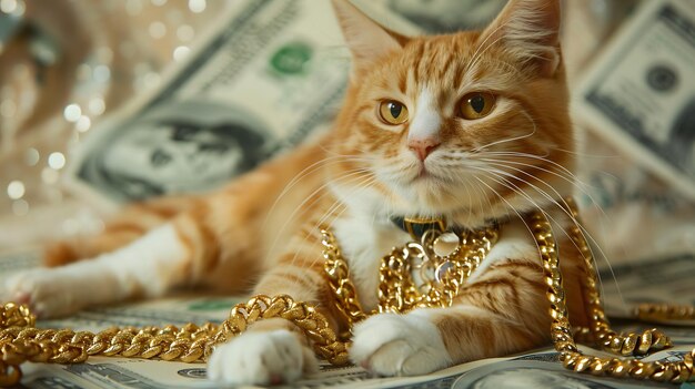 Foto un gato pelirrojo está tendido sobre un montón de dinero el gato lleva un collar de oro y mira a la cámara el fondo está borroso