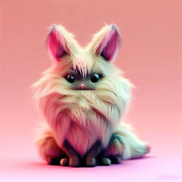 Un gato con pelo largo y ojos azules se sienta sobre un fondo rosa.