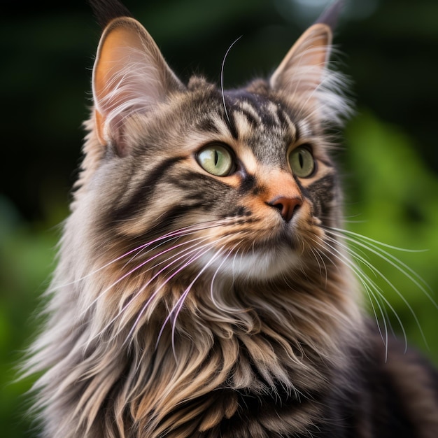 un gato de pelo largo con ojos verdes mirando hacia un lado