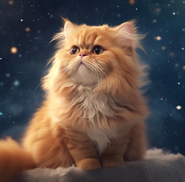 Un gato de pelo largo y pecho blanco se sienta sobre un fondo azul con estrellas.