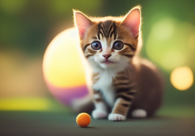 Un gato con una pelota delante.